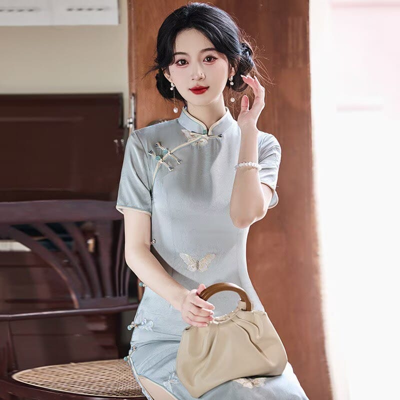 Beth and Brian Qipao-JM Hazel’s Sage Butterfly Jacquard Satin Cheongsam