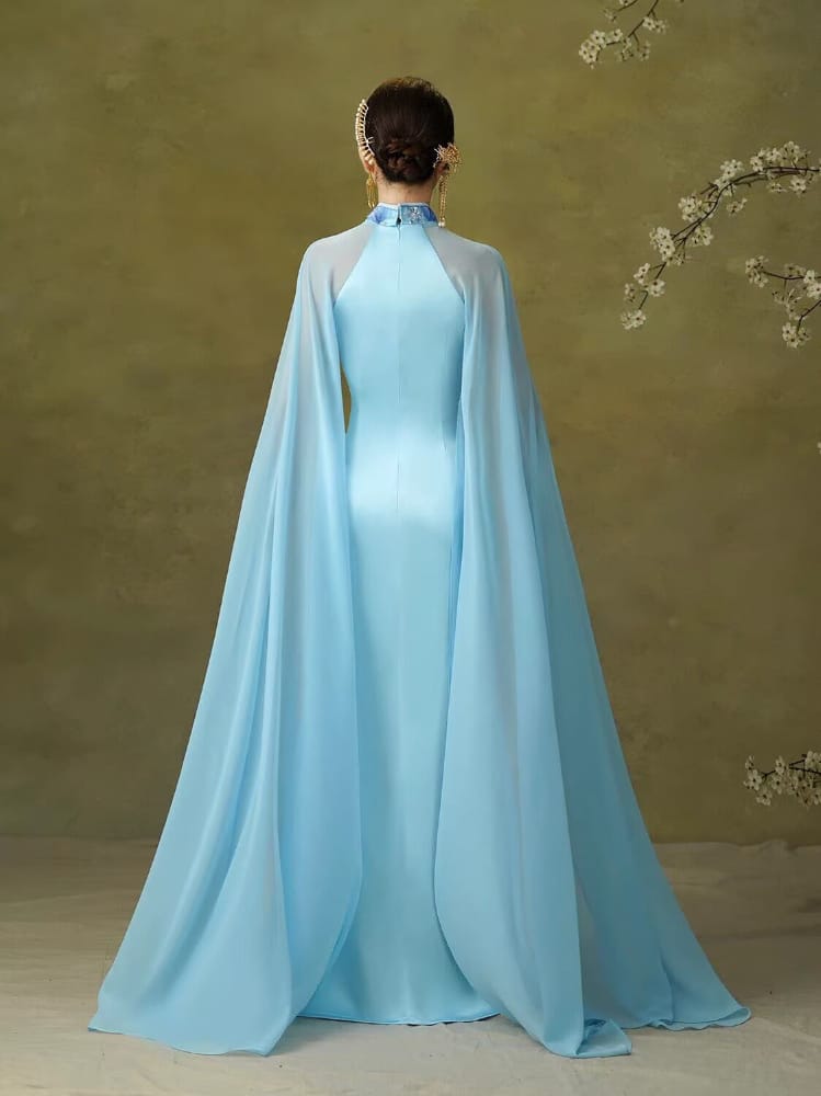 Beth and Brian Qipao-YJ Chloe’s Blue Floral Embroidery Cape-Train Qipao Gown