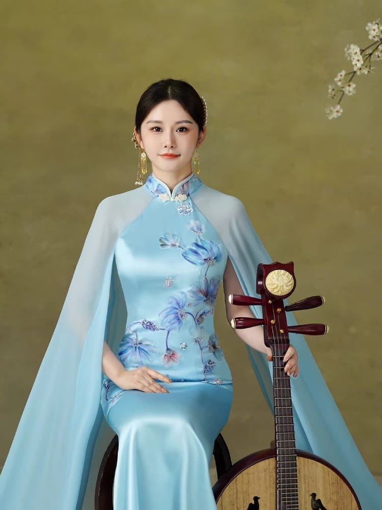 Beth and Brian Qipao-YJ Chloe’s Blue Floral Embroidery Cape-Train Qipao Gown