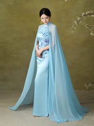 Beth and Brian Qipao-YJ Chloe’s Blue Floral Embroidery Cape-Train Qipao Gown