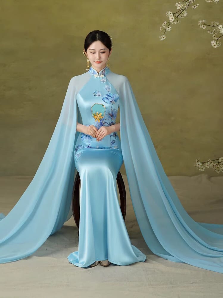 Beth and Brian Qipao-YJ Chloe’s Blue Floral Embroidery Cape-Train Qipao Gown