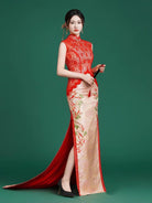 Beth and Brian Qipao-YJ Scarlett’s Lace & Jiangya Seawater Motif Trailing Qipao Gown