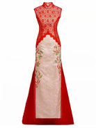 Beth and Brian Qipao-YJ Scarlett’s Lace & Jiangya Seawater Motif Trailing Qipao Gown