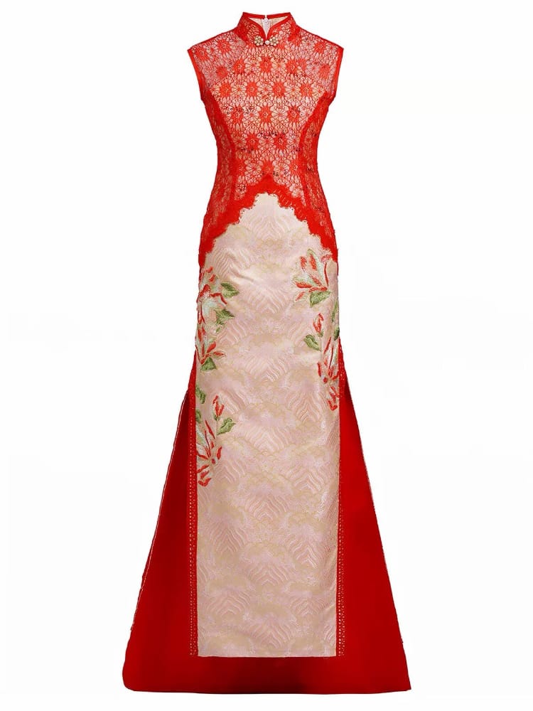 Beth and Brian Qipao-YJ Scarlett’s Lace & Jiangya Seawater Motif Trailing Qipao Gown
