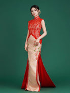 Beth and Brian Qipao-YJ Scarlett’s Lace & Jiangya Seawater Motif Trailing Qipao Gown