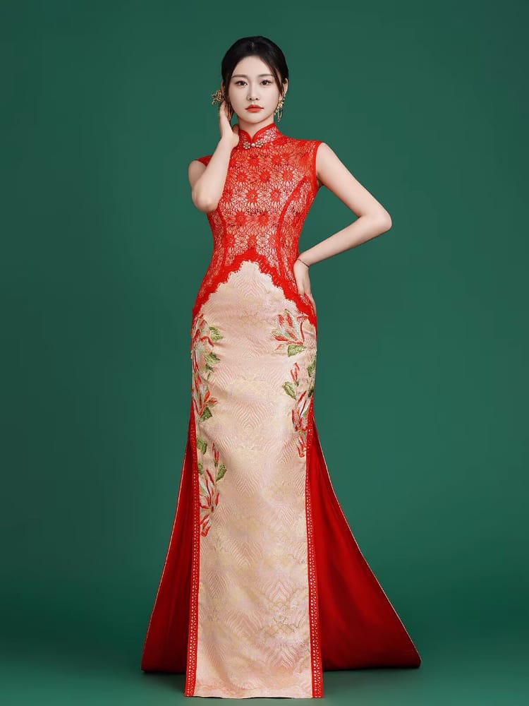 Beth and Brian Qipao-YJ Scarlett’s Lace & Jiangya Seawater Motif Trailing Qipao Gown