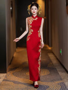 Beth and Brian Qipao-DML Audrey’s Red & Gold Embellished Cape-Train Wedding Qipao Set