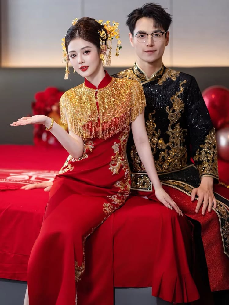 Beth and Brian Qipao-DML Audrey’s Red & Gold Embellished Cape-Train Wedding Qipao Set
