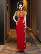 Beth and Brian Qipao-DML Audrey’s Red & Gold Embellished Cape-Train Wedding Qipao Set