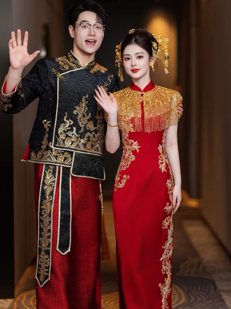 Beth and Brian Qipao-DML Audrey’s Red & Gold Embellished Cape-Train Wedding Qipao Set