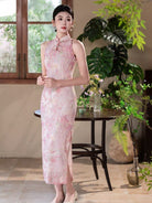 Beth and Brian Qipao-SS Serena’s Pink Floral Halter Mesh Long Cheongsam