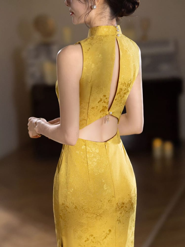 Beth and Brian Qipao-XLY Elena’s Gold Jacquard Satin Midi Cheongsam