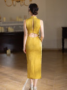 Beth and Brian Qipao-XLY Elena’s Gold Jacquard Satin Midi Cheongsam