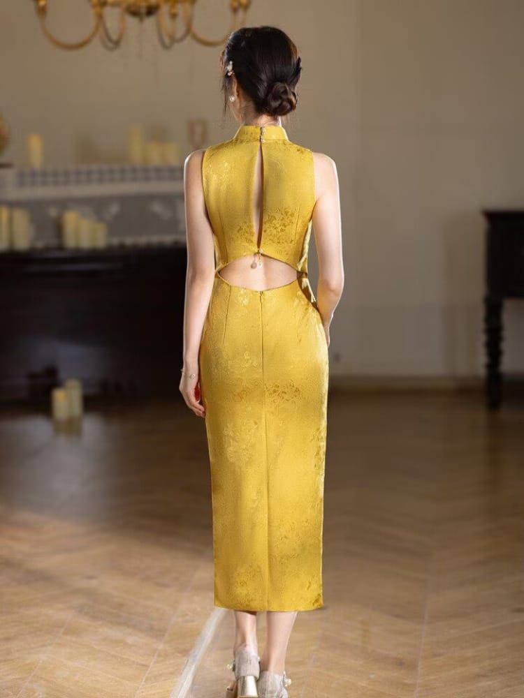 Beth and Brian Qipao-XLY Elena’s Gold Jacquard Satin Midi Cheongsam