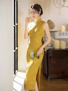 Beth and Brian Qipao-XLY Elena’s Gold Jacquard Satin Midi Cheongsam