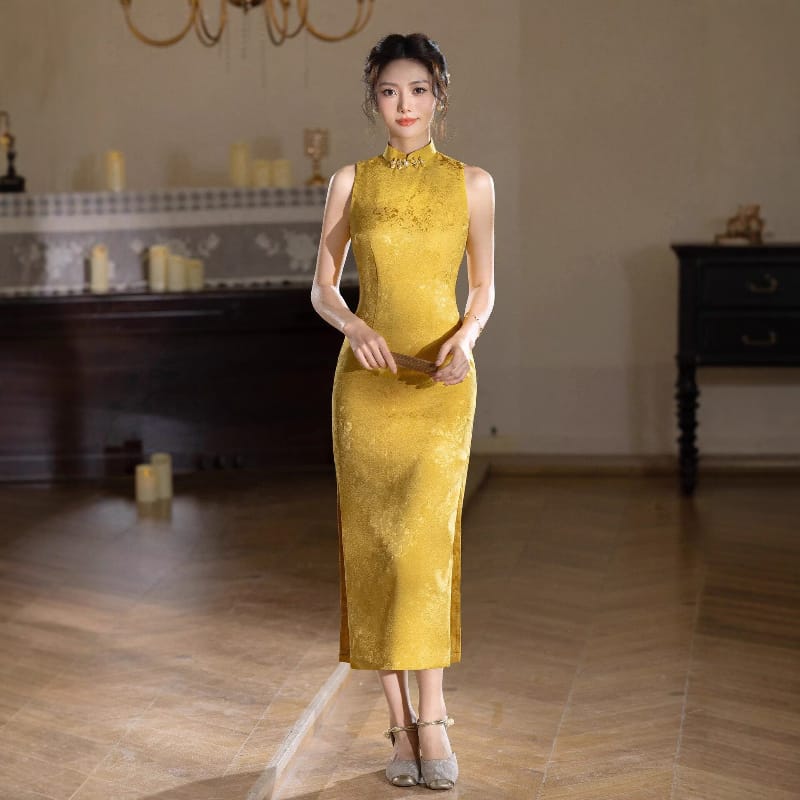 Beth and Brian Qipao-XLY Elena’s Gold Jacquard Satin Midi Cheongsam