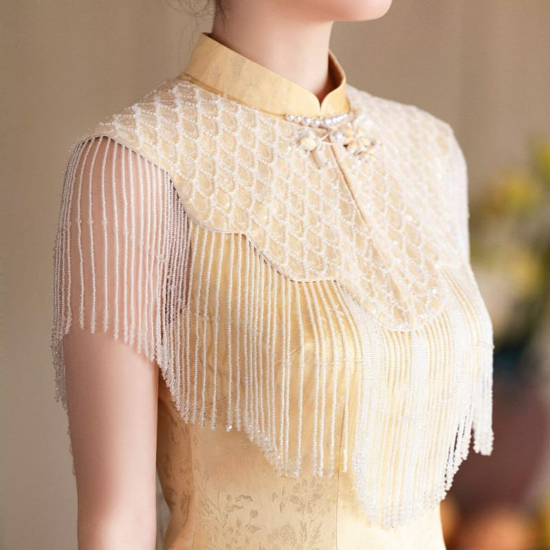 Beth and Brian Qipao-MX Yellow Tassel Shawl Jacquard Satin Midi Qipao Set