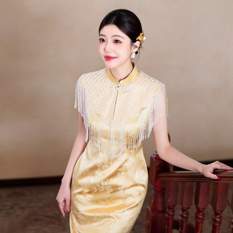 Beth and Brian Qipao-MX Yellow Tassel Shawl Jacquard Satin Midi Qipao Set