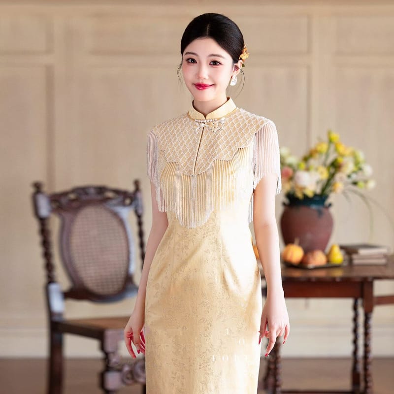 Beth and Brian Qipao-MX Yellow Tassel Shawl Jacquard Satin Midi Qipao Set