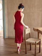 Beth and Brian Qipao-MY Stella’s Red Lace Tassel Shawl Long Cheongsam Set