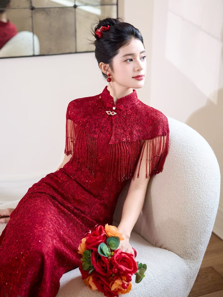 Beth and Brian Qipao-MY Stella’s Red Lace Tassel Shawl Long Cheongsam Set