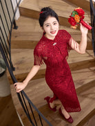 Beth and Brian Qipao-MY Stella’s Red Lace Tassel Shawl Long Cheongsam Set