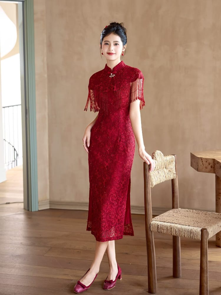 Beth and Brian Qipao-MY Stella’s Red Lace Tassel Shawl Long Cheongsam Set