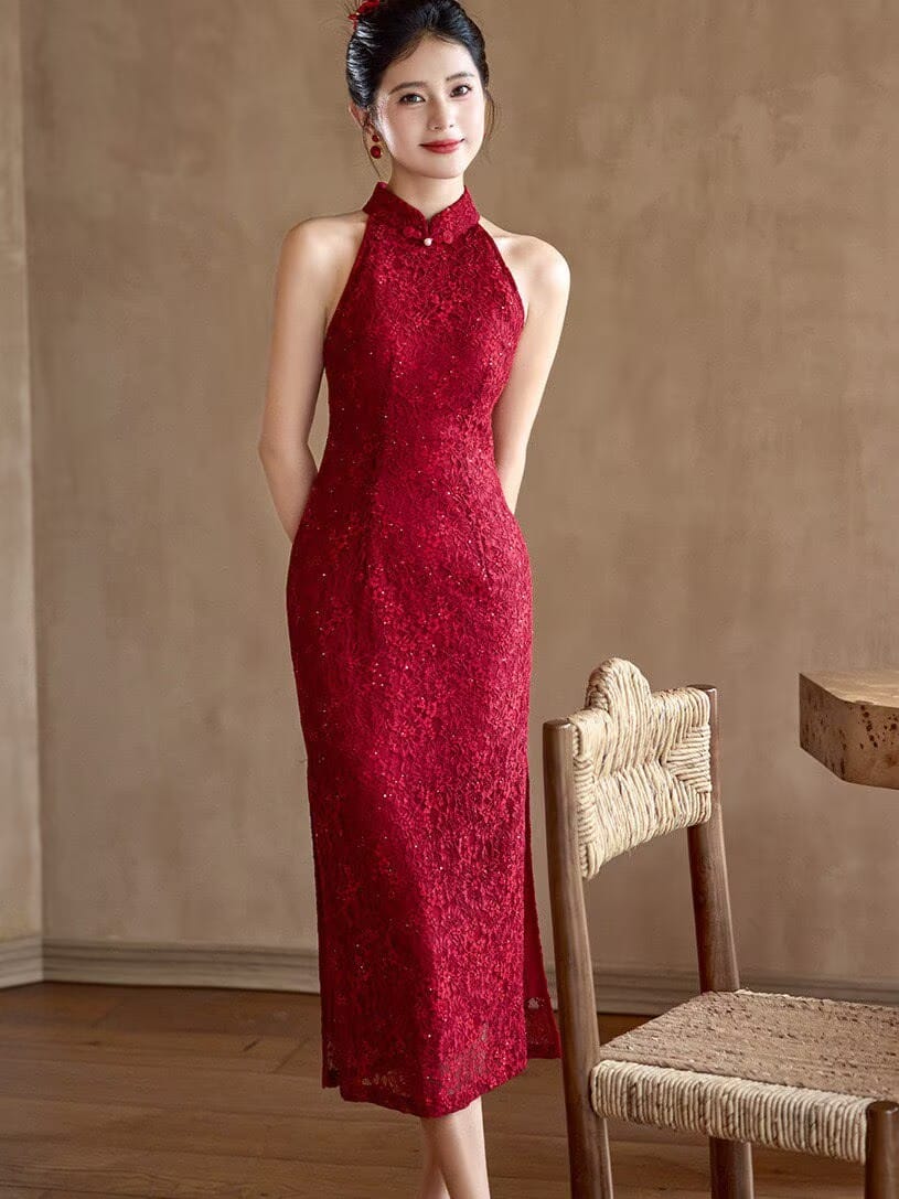 Beth and Brian Qipao-MY Stella’s Red Lace Tassel Shawl Long Cheongsam Set