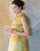 Beth and Brian Qipao-EC Vivian’s Chartreuse Plum Blossom Acetate Satin Long Cheongsam