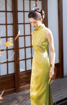 Beth and Brian Qipao-EC Vivian’s Chartreuse Plum Blossom Acetate Satin Long Cheongsam