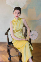 Beth and Brian Qipao-EC Vivian’s Chartreuse Plum Blossom Acetate Satin Long Cheongsam
