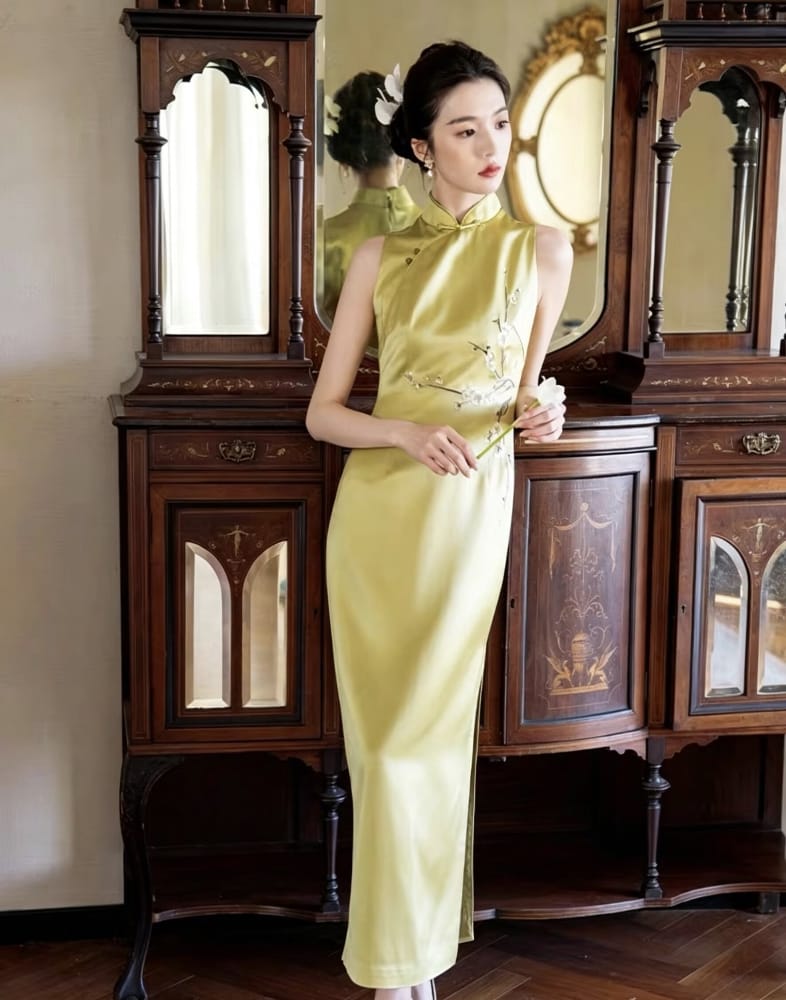 Beth and Brian Qipao-EC Vivian’s Chartreuse Plum Blossom Acetate Satin Long Cheongsam