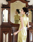Beth and Brian Qipao-EC Vivian’s Chartreuse Plum Blossom Acetate Satin Long Cheongsam