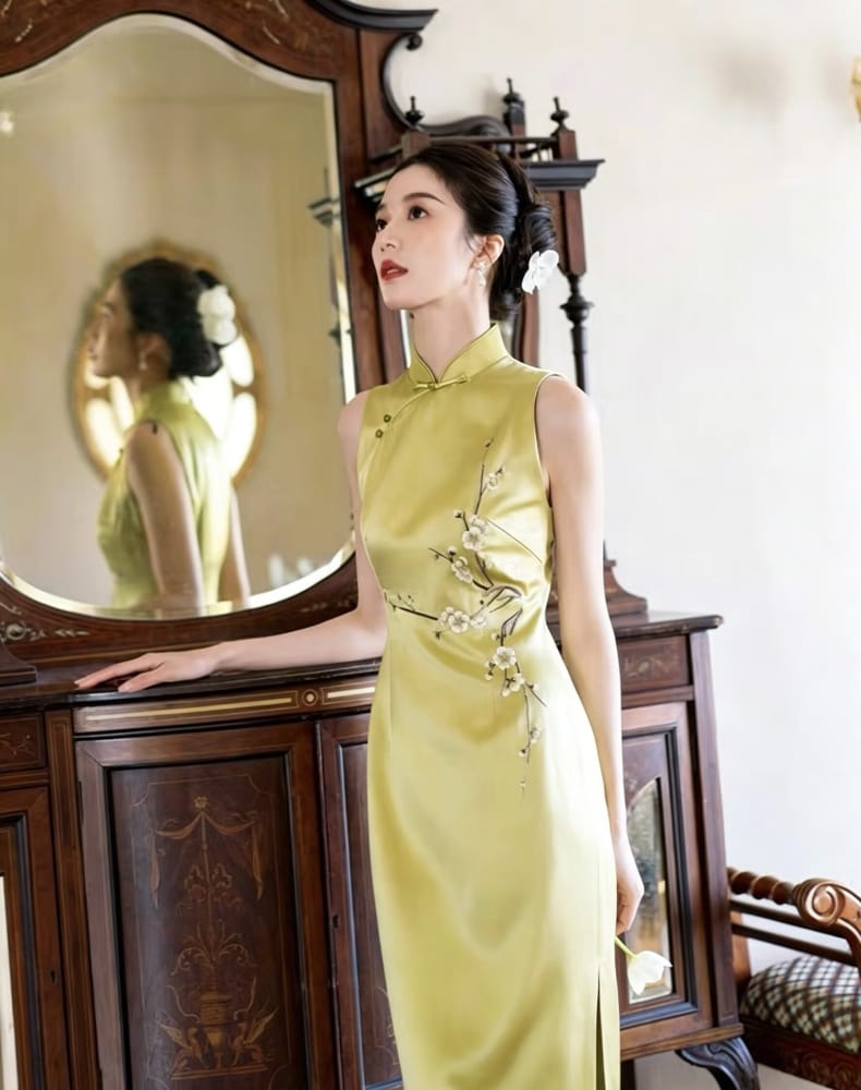 Beth and Brian Qipao-EC Vivian’s Chartreuse Plum Blossom Acetate Satin Long Cheongsam