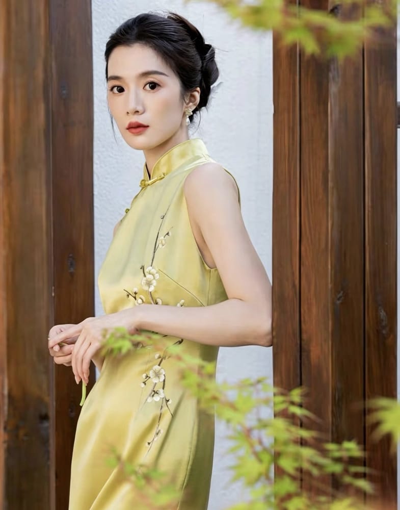 Beth and Brian Qipao-EC Vivian’s Chartreuse Plum Blossom Acetate Satin Long Cheongsam