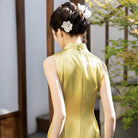 Beth and Brian Qipao-EC Vivian’s Chartreuse Plum Blossom Acetate Satin Long Cheongsam