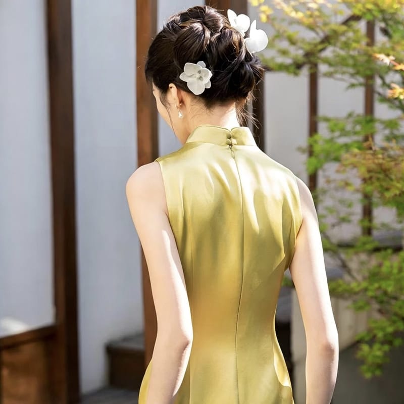 Beth and Brian Qipao-EC Vivian’s Chartreuse Plum Blossom Acetate Satin Long Cheongsam
