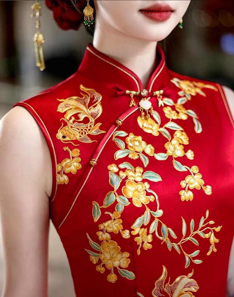 Beth and Brian Qipao-YY Eleanor’s Crimson Koi Pattern Cheongsam: The Gilded Promise