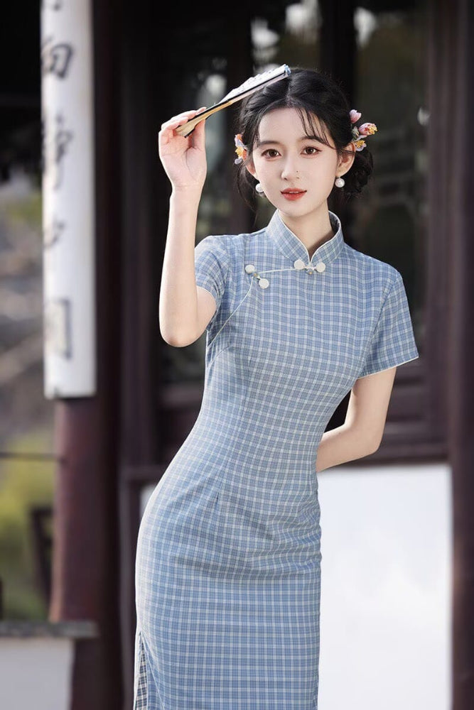 Beth and Brian Qipao-XL Plaid Pattern Cotton‑Linen Midi Cheongsam
