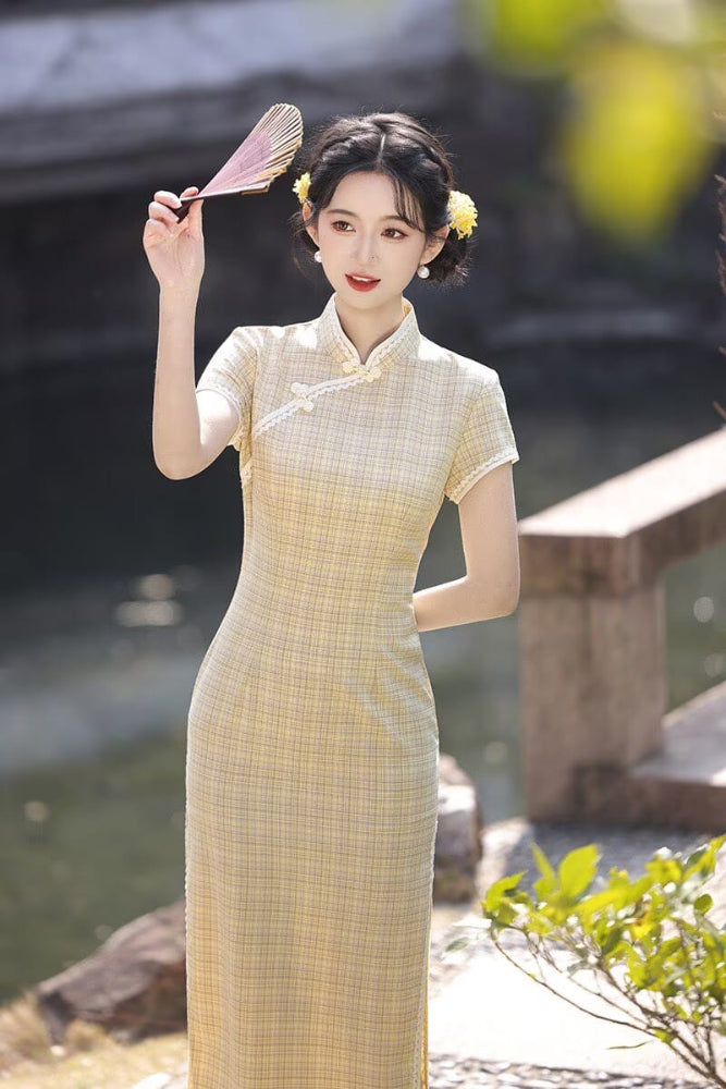 Beth and Brian Qipao-XL Plaid Pattern Cotton‑Linen Midi Cheongsam
