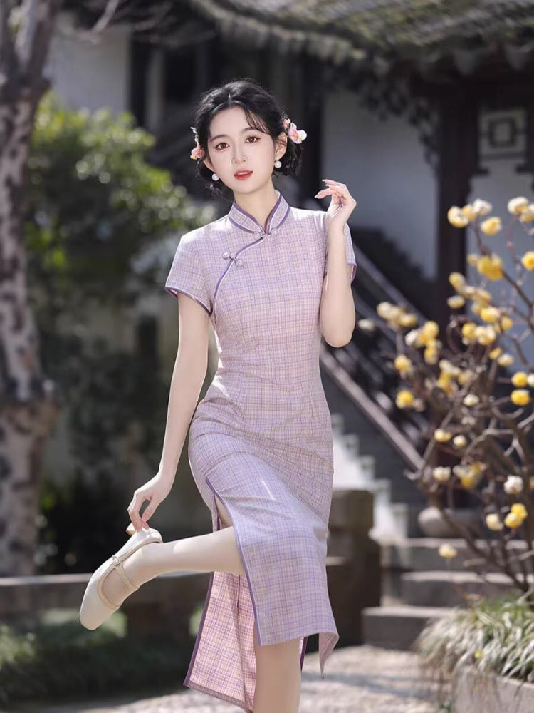 Beth and Brian Qipao-XL Plaid Pattern Cotton‑Linen Midi Cheongsam