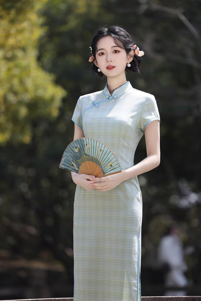 Beth and Brian Qipao-XL Plaid Pattern Cotton‑Linen Midi Cheongsam