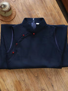 Beth and Brian Qipao-JNX Sleeveless, Navy Blue Linen Blend Midi Cheongsam
