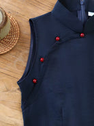 Beth and Brian Qipao-JNX Sleeveless, Navy Blue Linen Blend Midi Cheongsam