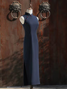 Beth and Brian Qipao-JNX Sleeveless, Navy Blue Linen Blend Midi Cheongsam