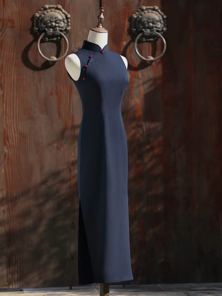 Beth and Brian Qipao-JNX Sleeveless, Navy Blue Linen Blend Midi Cheongsam