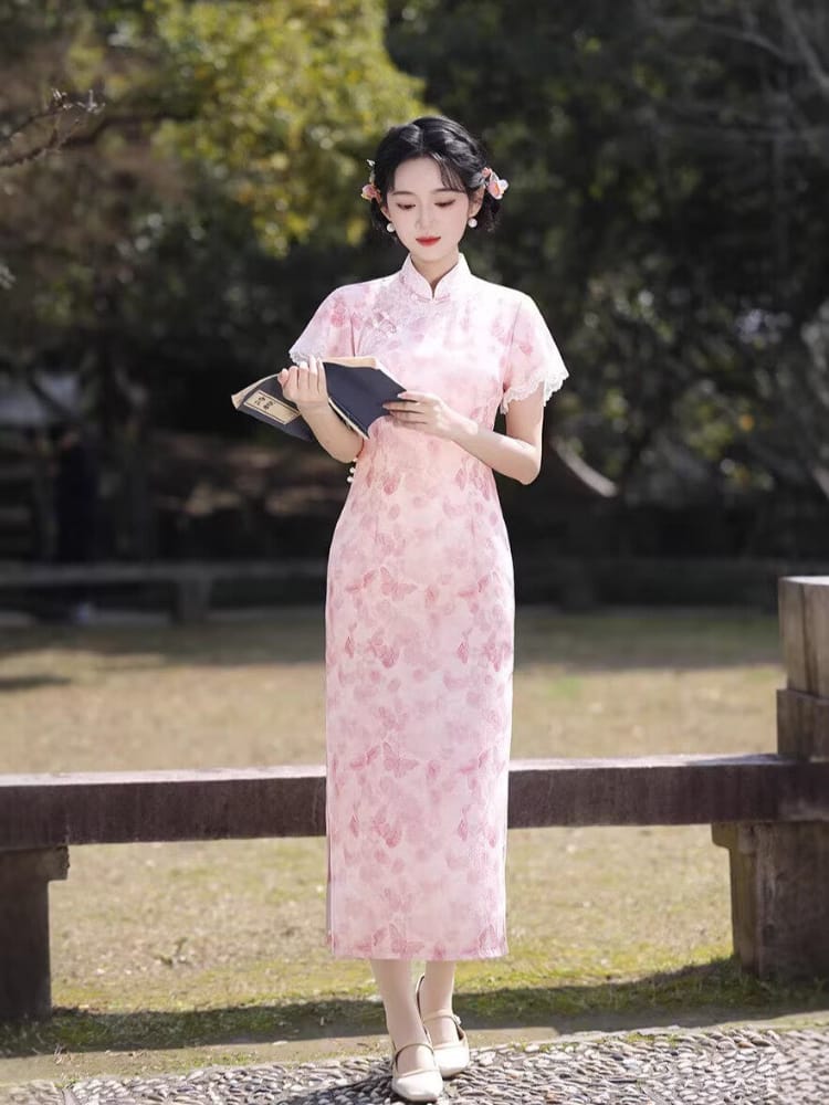 Beth and Brian Qipao-XL Lilian Gradient Butterfly Print Tencel‑Linen Qipao