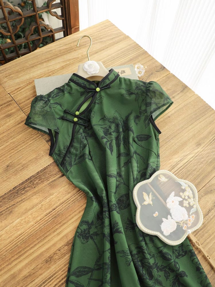 Bethandbrianqipao-JQZ Green Floral‑Print Mesh Long Cheongsam