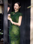 Bethandbrianqipao-JQZ Green Floral‑Print Mesh Long Cheongsam