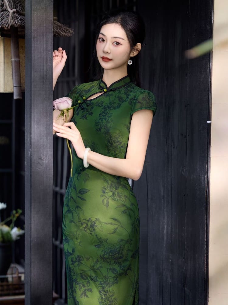 Bethandbrianqipao-JQZ Green Floral‑Print Mesh Long Cheongsam